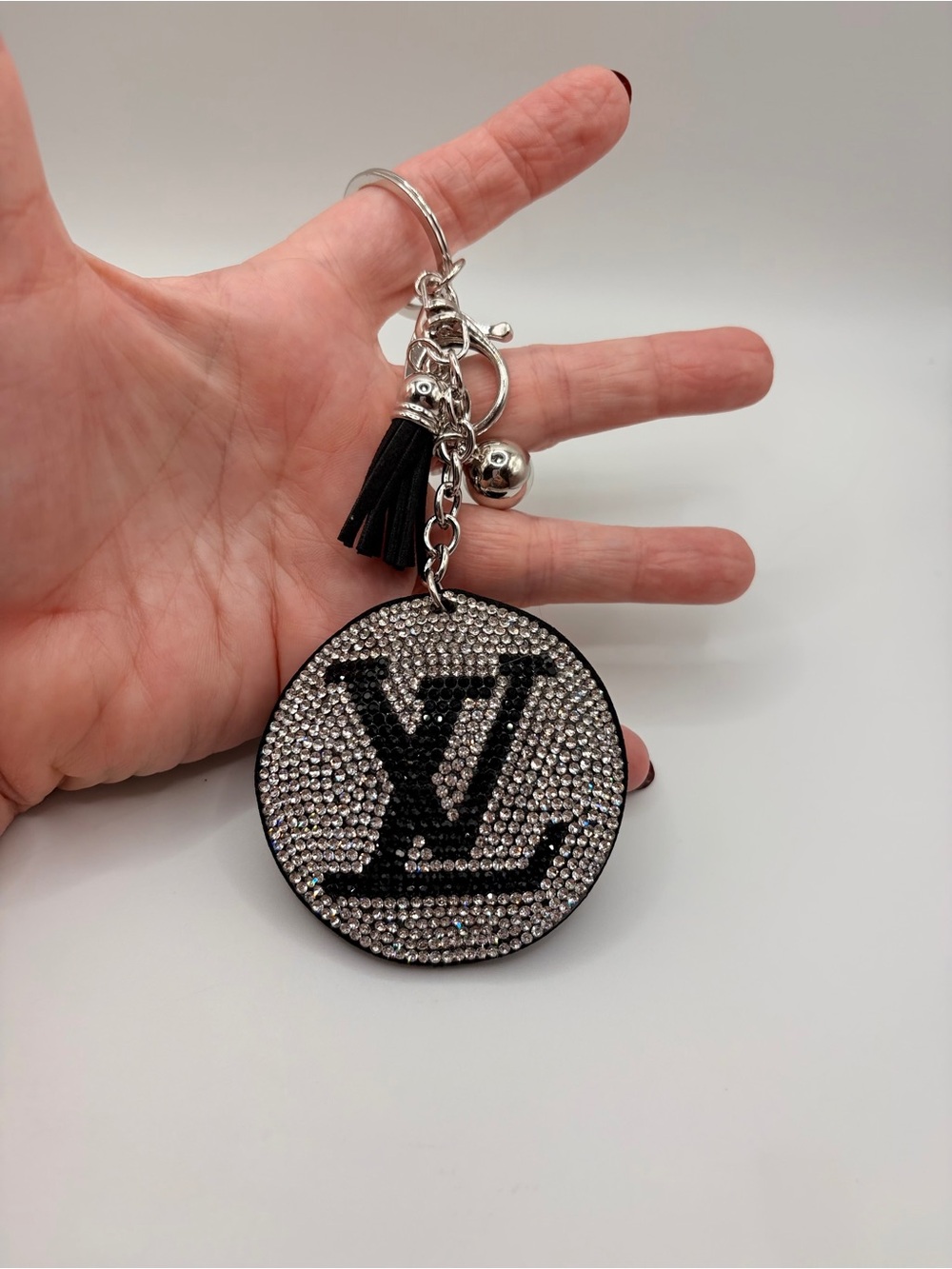 Crystal Monogram Round Keychain with Tassel - Black & Silver